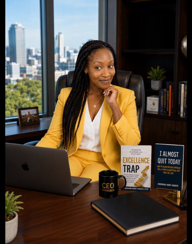 Shermaine Perry-Knights in her office with Excellence Trap and I Almost Quit Today